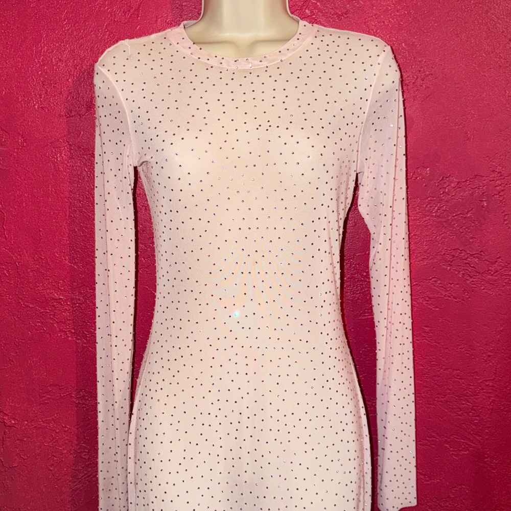 AFRM sexy Loah Light pink mesh bodycon Long Sleeve Rhinestone Midi Dress. Sz S